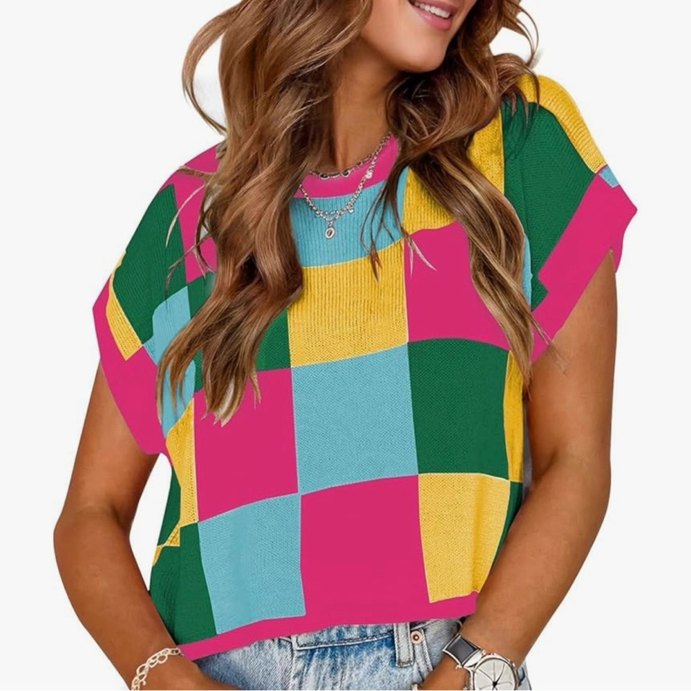 Colorblock Patchwork Cropped Blouse | Size Medium | Bold Statement Top